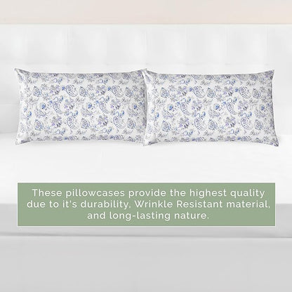 Elegant Comfort Ultra Soft Set of 2 Floral Print Pillowcases - 1500 Premium Hotel Quality Microfiber, Soft and Smooth Envelope Closure 2-Piece Pillow Covers - Standard/Queen, Paisley Indigo