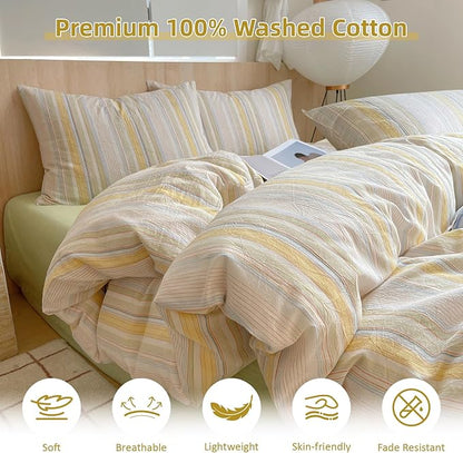 EAVD Retro Striped Duvet Cover Queen Soft Washed Cotton Colorful Wide Pinstriped Bedding Set with 2 Pillowcases Modern Farmhouse Geometric Pattern Duvet Cover with Zipper Closure