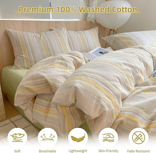 EAVD Retro Striped Duvet Cover Twin Soft Washed Cotton Bedding Set 3-Piece Colorful Pinstriped Bedding Set with 2 Pillowcases Modern Farmhouse Geometric Duvet Cover with Zipper Closure