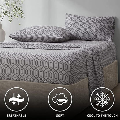 Comfort Spaces 100% Cotton Sheet Set Breathable, Lightweight, Soft with 14" Elastic Pocket Fits up to 16" Mattress, All Season Cozy Bedding, Matching Pillow Case, Queen Diamond Sliver 4 Piece