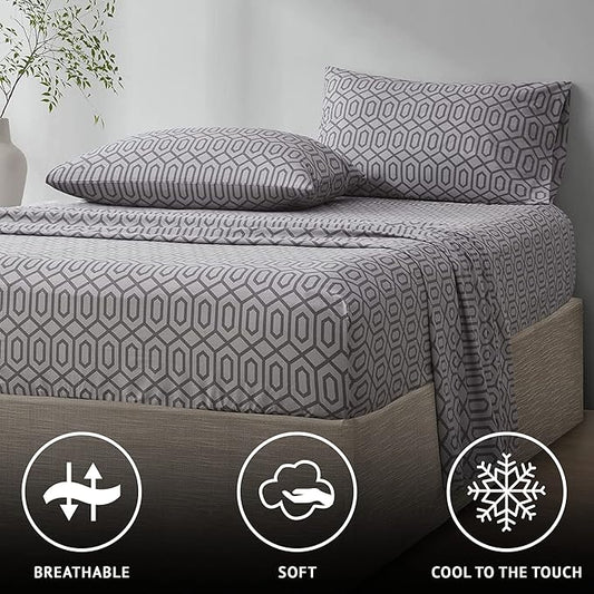 Comfort Spaces 100% Cotton Sheet Set Breathable, Lightweight, Soft with 14" Elastic Pocket Fits up to 16" Mattress, All Season Cozy Bedding, Matching Pillow Case, Queen Diamond Sliver 4 Piece