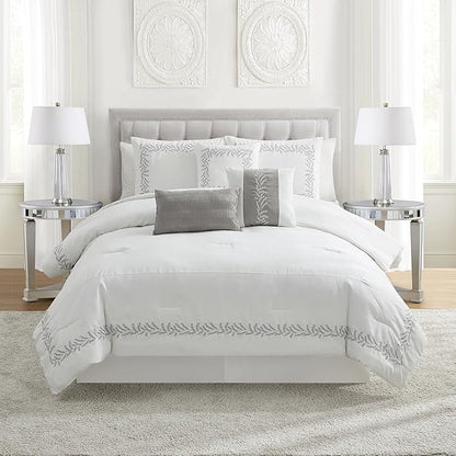 King Size Comforter Set 7-Piece Embroidered Faux Suede Bedding – Soft, Elegant & Complete Bedding Set with 1 Comforter, 2 Pillow Shams, 1 Bed Skirt, and 3 Decorative Throw Pillows, King, White