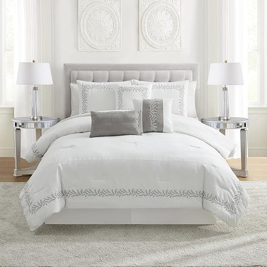 Queen Comforter Set 7-Piece Embroidered Faux Suede Bedding – Soft, Elegant & Complete Bedding Set with 1 Comforter, 2 Pillow Shams, 1 Bed Skirt, and 3 Decorative Throw Pillows, Queen, White