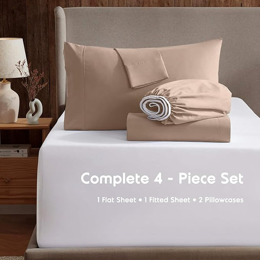Nestl Short Queen Sheet Set - 1800 Ultra-Soft Microfiber - Double Brushed - Deep Pockets - Easy Fit - 4 Piece Set - Bed Sheets (Short Queen, Taupe)