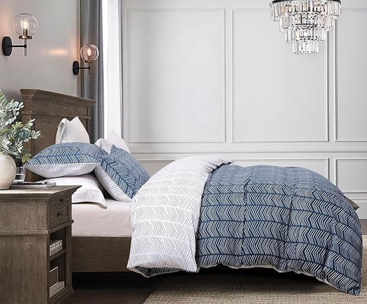 SLEEPBELLA Navy and White Duvet Cover Set, 100% Cotton Bedding, Chevron Geometric Pattern, with Button Closure (3pcs, Queen Size)