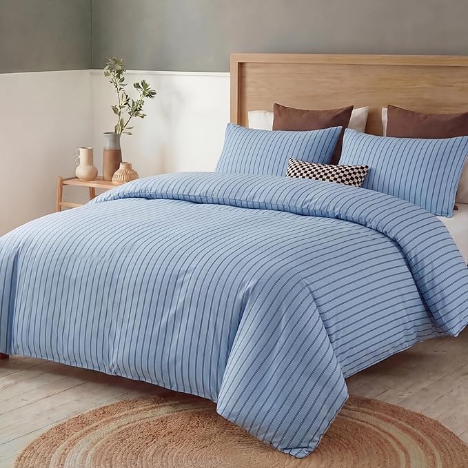 Bedbay Blue Striped Duvet Cover Set Queen Size, 100% Cotton Sateen Bedding Set, Soft Breathable Hotel-Inspired 3 Piece Duvet Cover for All Seasons