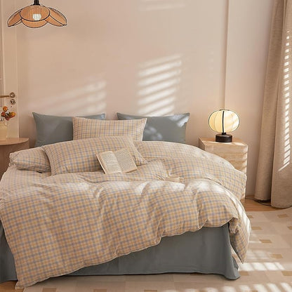 Plaid Comforter Set Queen Size Washed Cotton Down Alternative Bedding Set All Season Fluffy Puffy Boho Bedding Comforter Sets Comfy Soft Cute Machine Washable Bed Comforter with 2 Pillowcases