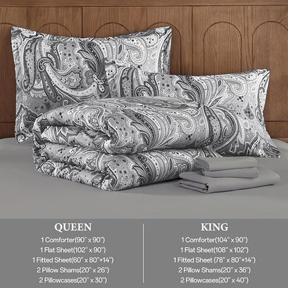 DJY Grey Paisley Comforter Set Queen, 7 Piece Boho Paisley Dark Gray Bed in a Bag Comforter Set, Soft Microfiber Complete Bedding Set for All Season (90''x90)