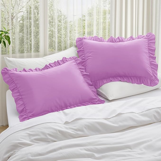 KKJIAF Ruffle Pillow Cases King Size Set of 2, Ruffled Pillow Covers with Envelope Closure, Wrinkle Resistant Ruffled Pillow Shams 20" x 36", Lavender