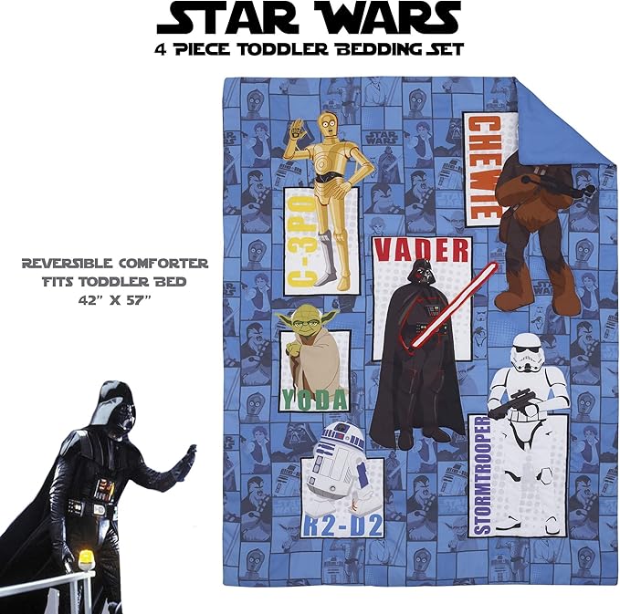 Disney Star Wars Galaxies Await 4 Piece Toddler Bedding Set Fitted Sheet, Pillow Case, Top Sheet, and Comforter Quilt - Blue