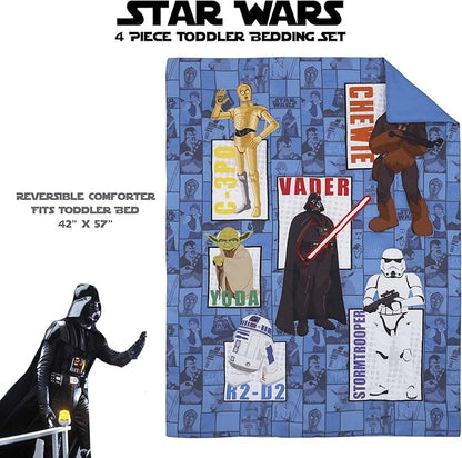 Disney Star Wars Galaxies Await 4 Piece Toddler Bedding Set Fitted Sheet, Pillow Case, Top Sheet, and Comforter Quilt - Blue