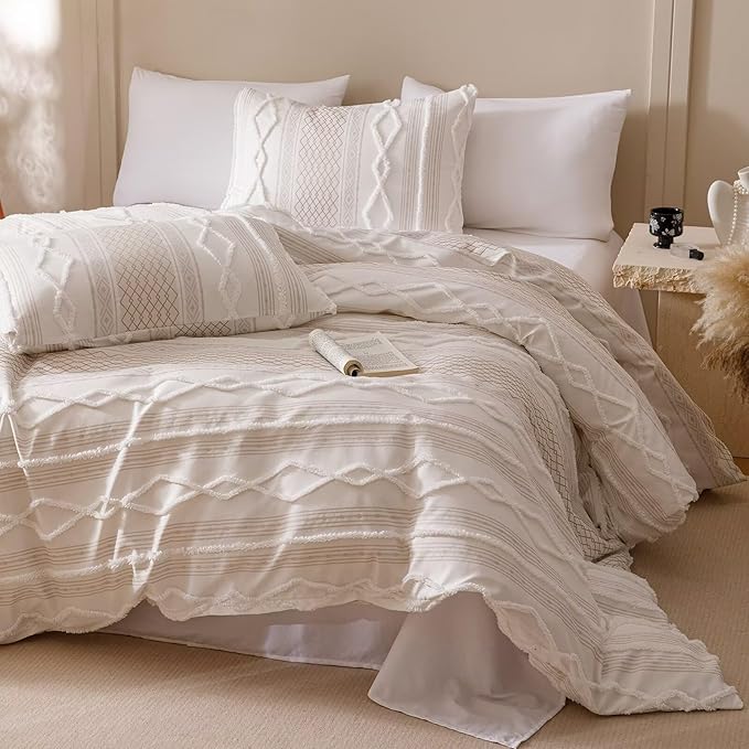 Houseri Tufted Comforter Set Full Beige Jacquard Bedding Sets