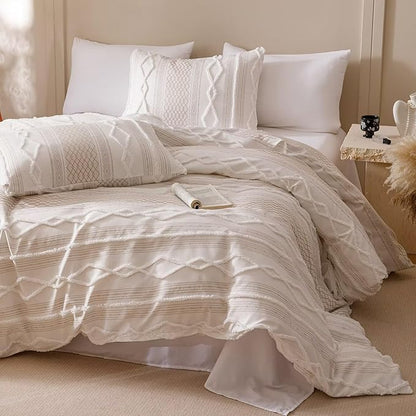 Houseri Tufted Comforter Set King Beige Jacquard Bedding Sets