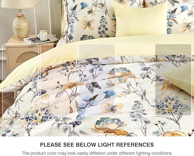 Queen Size Duvet Cover Set with Button Closure - Blue and Yellow Botanical Luxury Bedding for a Comfortable Sleeping