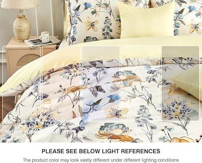 King Size Duvet Cover Set with Button Closure - Blue and Yellow Botanical Luxury Bedding for a Comfortable Sleeping