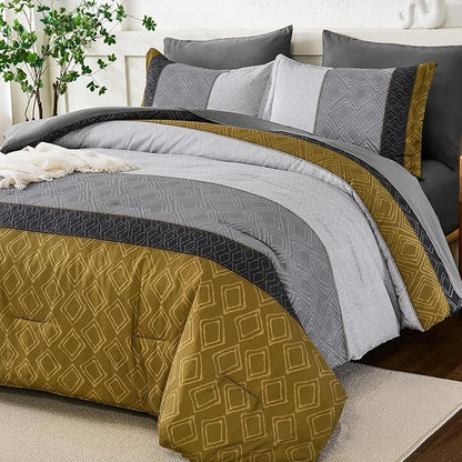 Dinjoy Boho Queen Comforter Set Gray Yellow,7 Piece Bed in a Bag Queen Size Warm Striped Mustard Grey Bedding Sets Plaid Fall Comforters Set with Sheets for Family All Season