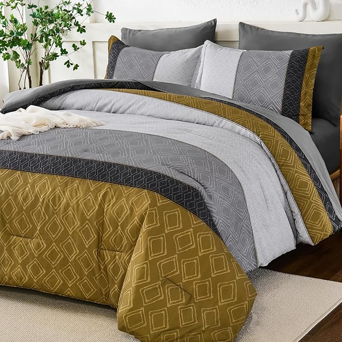 Dinjoy Gray Yellow King Size Comforter Set,Striped Boho Bed in a Bag King 7 Pieces Soft Fall Bedding Comforters Sets wiht Sheets Microfiber Complete Bed Sets for All Season
