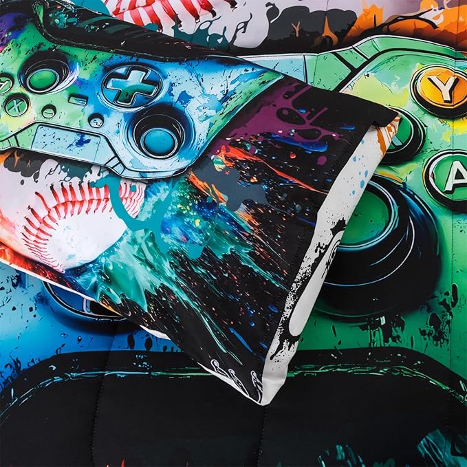 Aimuan Gamer Gaming Bedding Sets 3D Gamepad Comforter Sets for Boys Games Console Action Buttons Novelty Colorful Game Controller Modern Room Decor Home Quilt Set (Green, Twin)