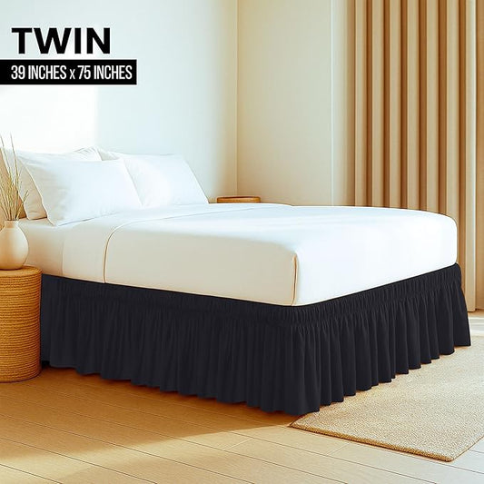 Wrap Around Ruffle Twin Size Bed Skirt – Adjustable Buckle & Elastic Belt for Easy Installation, 15 Inch Drop – Brushed Microfiber - Machine Washable, Fade and Wrinkle Resistant, Black