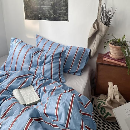 mixinni Vintage Blue & Red Striped Comforter Set King Size - Soft Cotton 3-Piece Bedding Set (1 Comforter + 2 Pillowcases), Retro Geometric Stripes Pattern, All-Season Lightweight & Breathable