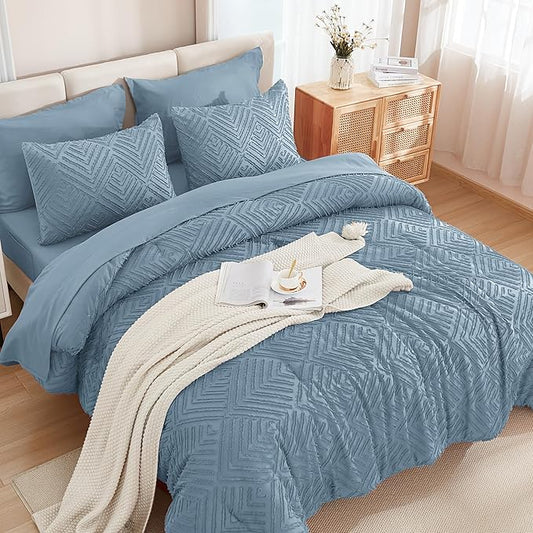 Andency King Size Comforter Set 7 Pieces Grayish Blue - Bed in a Bag King Boho Lightweight Fluffy Tufted Bedding Sets with Comforter, Sheets, Pillowcases & Shams