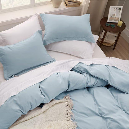 Bedsure Sky Blue Duvet Cover Queen Size - 3 Pieces Prewashed Cotton-Like Polyester Extra Soft Bedding Set, Includes 1 Duvet Cover 90x90 Inches with Zipper Closure & 2 Pillow Shams, No Comforter