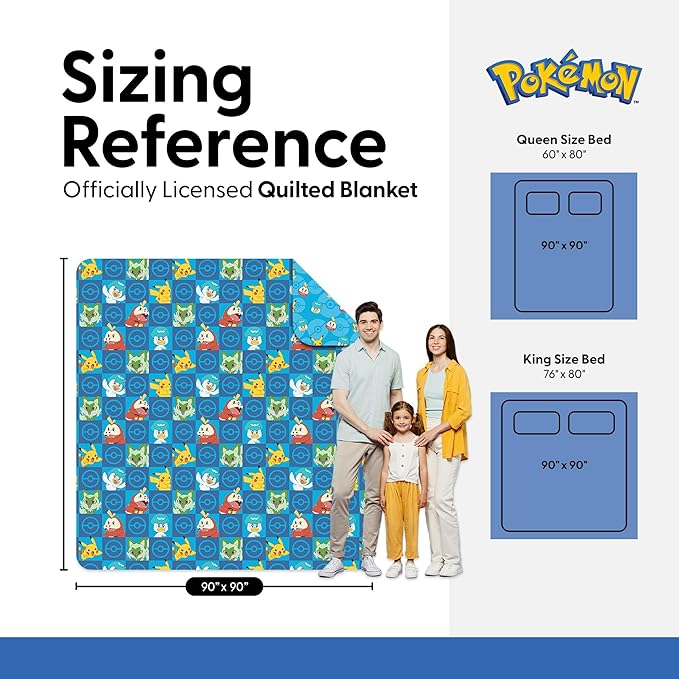 Pokemon Power Squares Full/Queen Quilted Throw Blanket Adults Boys Girls, Soft Lightweight Bedding for Bed, or Couch, 90 x 90 inches