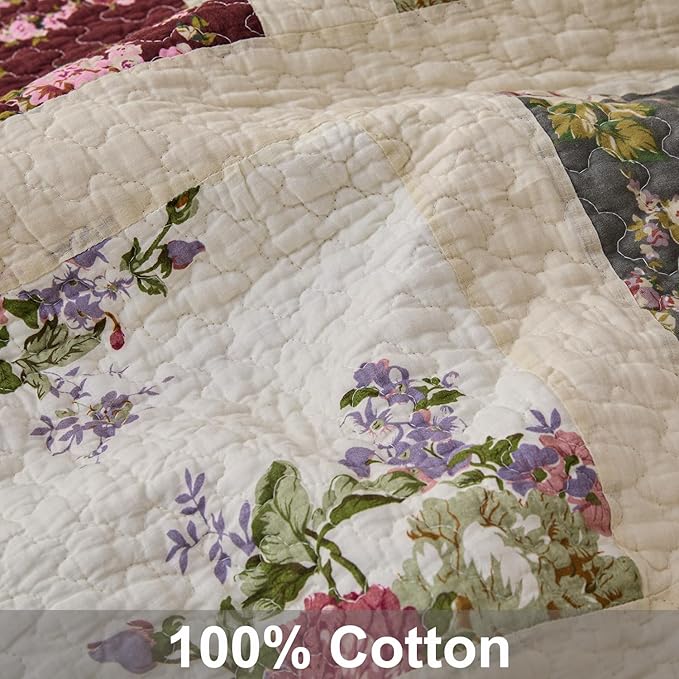Cmfshape Floral Quilt Sets Bedspread Set 100% Cotton Patchwork Bedding Set,All Season Use Lightweight Reversible Coverlet Quilts with 2 Pillow Shams(Queen 92"x96")
