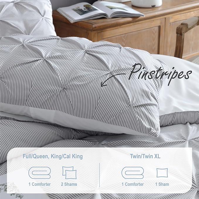 Swift Home Twin/Twin XL Pinstripe Charcoal Grey Comforter Set - Classic Pintuck Bedding Set - 2 Pieces Bed Linen, 1 Comforter and 1 Pillow Sham