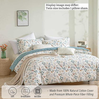 Botanical Cotton Comforter Twin Size - Lake Green Comforter with Dusky Blue & Warm Rust Leaves on Ivory,Reversible Lightweight Bedding Sets 2Pcs(Polka Dot,68"×90")