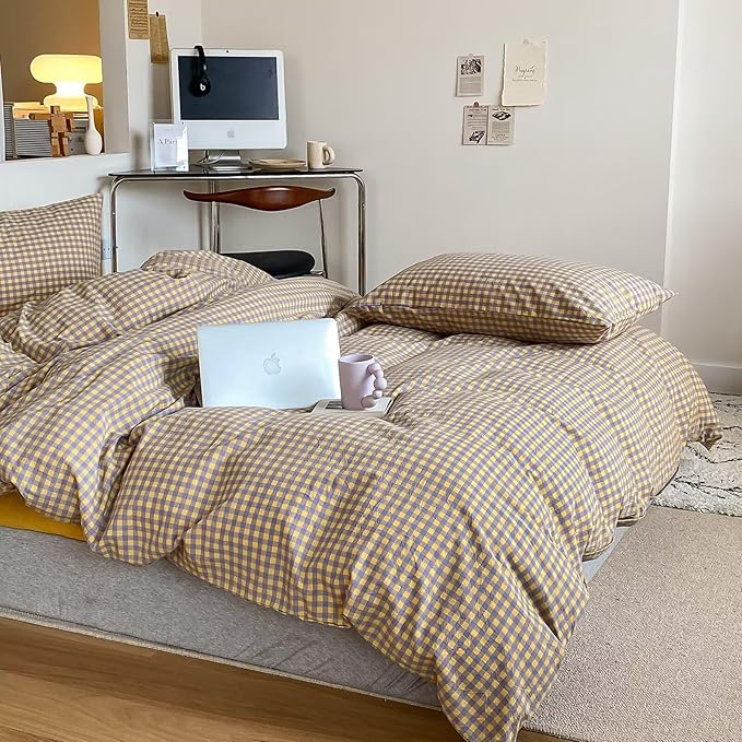 mixinni Yellow/Purple Gingham Comforter Set King, Plaid Comforter Set 3 Pieces 1 Vintage Grid Comfoter with 2 Pillow Cases for All Seasons, Soft Fluffy Modern Grid Pattern Printed Bedding-King Size