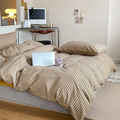 mixinni Yellow/Purple Gingham Comforter Set King, Plaid Comforter Set 3 Pieces 1 Vintage Grid Comfoter with 2 Pillow Cases for All Seasons, Soft Fluffy Modern Grid Pattern Printed Bedding-King Size