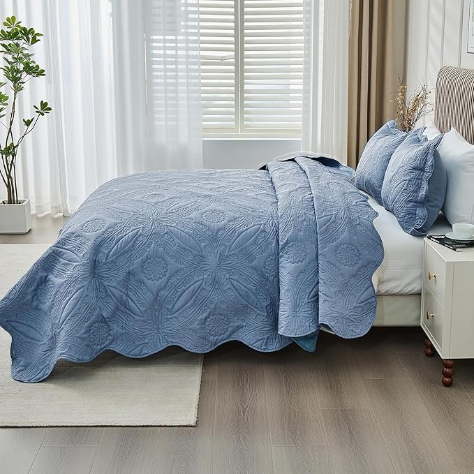 Oversized Cal King Bedspreads 120x120 for Extra Tall Split California King Bed Lightweight Quilted Coverlet Set 3 Pieces 1 Quilt 2 Pillow Shams Faded Denim
