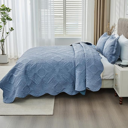Oversized Cal King Bedspreads 120x120 for Extra Tall Split California King Bed Lightweight Quilted Coverlet Set 3 Pieces 1 Quilt 2 Pillow Shams Faded Denim