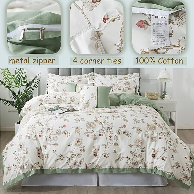 FADFAY Floral Bedding Set King/Cal King 100% Cotton Shabby and Chic Beige Green Reversible Duvet Cover Vintage Pink Flower Print Bed Covers Luxury Pretty Bowknot Soft Crisp Zipper Comforter Cover 3Pc