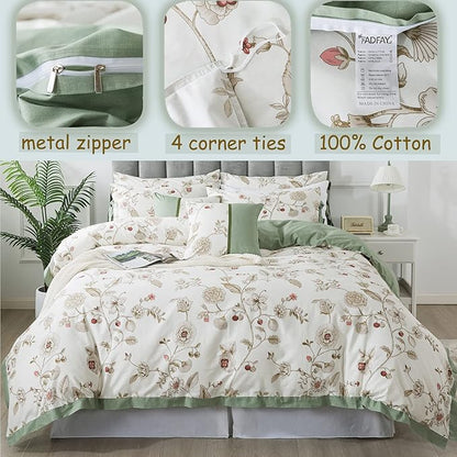 FADFAY Twin XL Duvet Cover Set Floral Bedding Set 100% Cotton College Bedding for Dorm Room Beige Green Reversible Comforter Cover Pink Flower School Students Soft Luxury Shabby 3Pcs, Twin Extra Long
