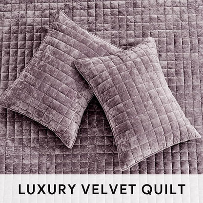 RECYCO Luxury Velvet Quilt Set Full Queen Size Bedding Sets, Ultra Soft Velvet Comforter Set, Lightweight Channel Box Stitch Oversized Bedspread Coverlet for All Season, with 2 Shams, Purple