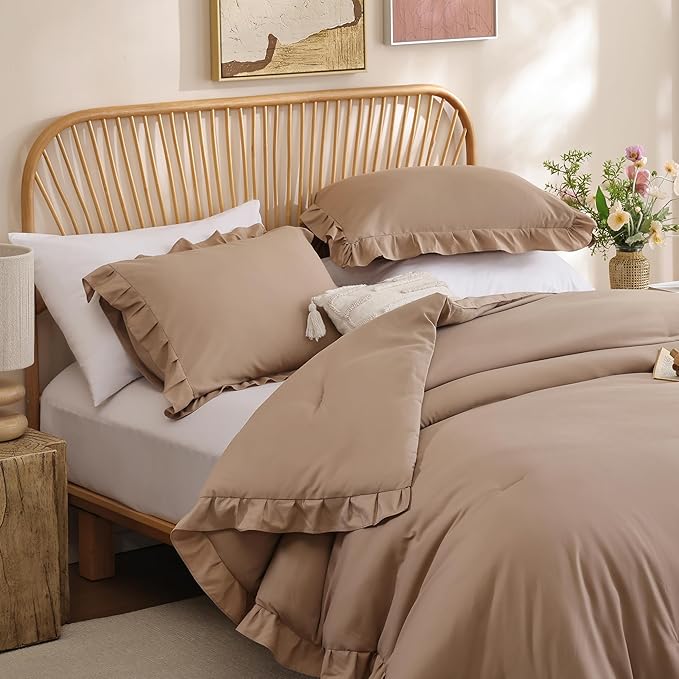 JANZAA Full Ruffled Comforter Set 3PCS (1 Taupe Comforter Set and 2 Pillowcases) Vintage Farmhouse Shabby Chic Bedding Soft Fluffy All Season