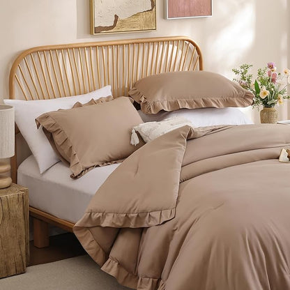 JANZAA Full Ruffled Comforter Set 3PCS (1 Taupe Comforter Set and 2 Pillowcases) Vintage Farmhouse Shabby Chic Bedding Soft Fluffy All Season