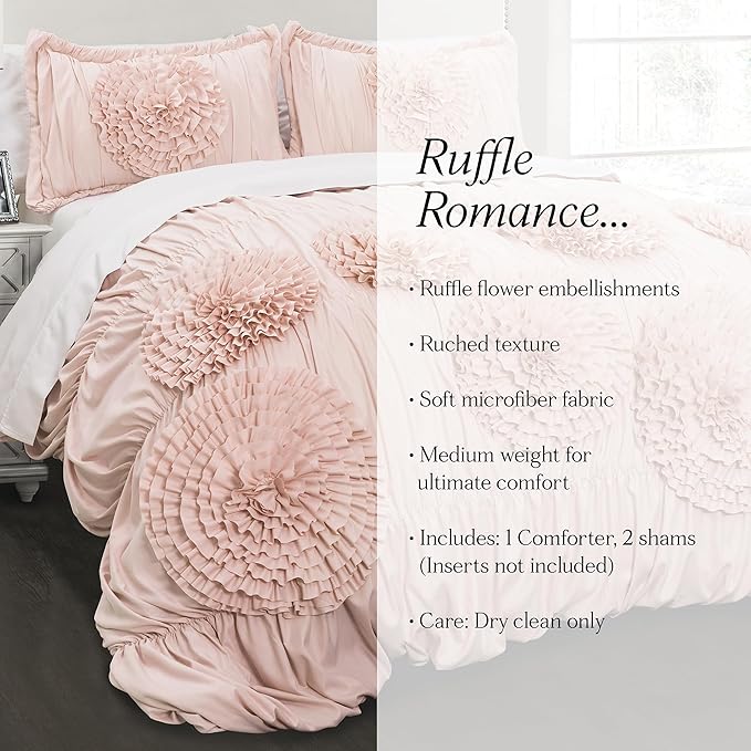 Lush Decor Serena Comforter Set, 3 Piece Set, Full/ Queen, Blush - Pink Bedding Set Queen - Cute Comforter Queen Size - Coquette Decor