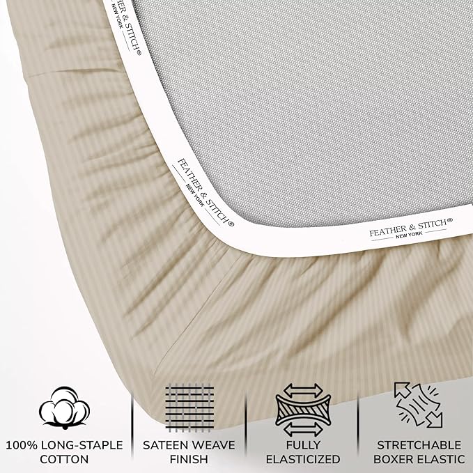 Feather & Stitch 500 TC Full Size Damask Bed Sheet Set, 100% Cotton Soft Breathable Bedsheets, 4 Piece 18" Deep Pockets Sateen Weave Striped Bedding Mattress Resort Hotel Luxury- (Beige Stripe)