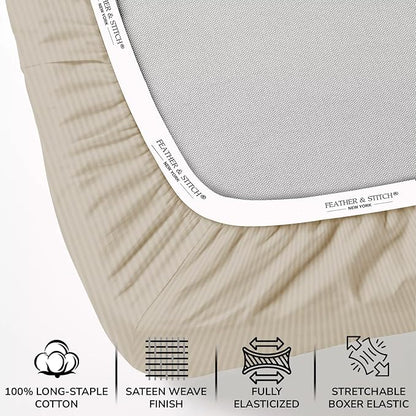 Feather & Stitch 500 TC Full Size Damask Bed Sheet Set, 100% Cotton Soft Breathable Bedsheets, 4 Piece 18" Deep Pockets Sateen Weave Striped Bedding Mattress Resort Hotel Luxury- (Beige Stripe)