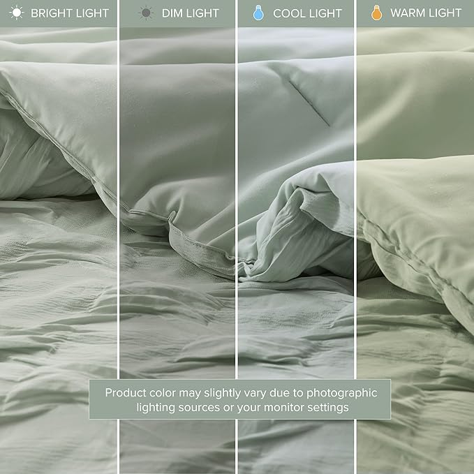 Comfort Spaces Comforter for Queen Size Bed, Ogee Ruched with Crinkle Texture, Breathable Comforter Set Queen, All Season Lightweight Bedding Set, Shams, Décor Pilow, Full/Queen Green 4 Piece