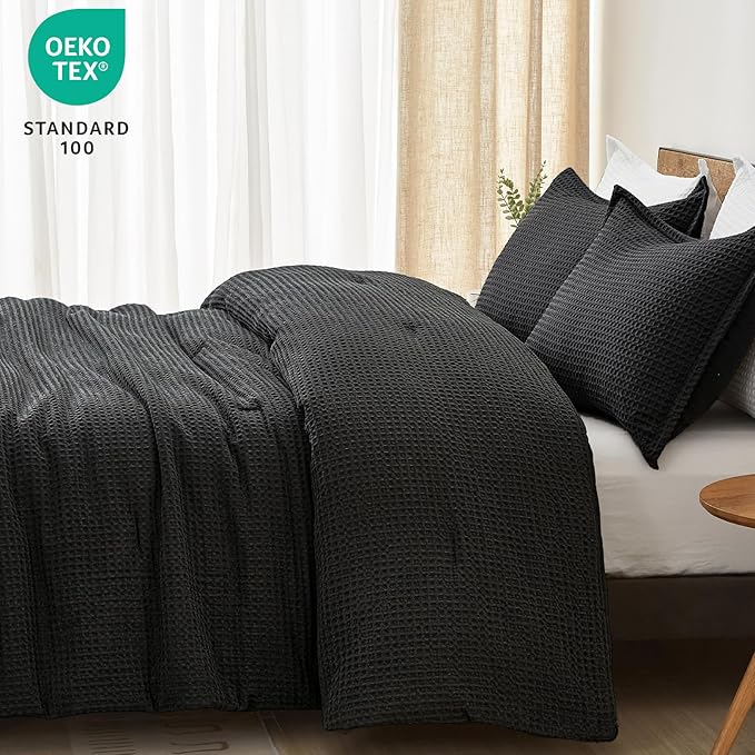PHF Ultra Soft Waffle Weave Comforter Set Twin Size, 2 Pieces Lightweight Breathable Comfy Bedding Set, Comfy Textured 1 Comforter with 1 Pillow Shams, Black