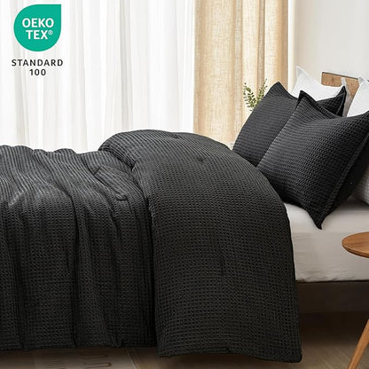 PHF Ultra Soft Waffle Weave Comforter Set California King Size, 3 Pieces Lightweight Breathable Comfy Bedding Set, Comfy Textured 1 Comforter with 2 Pillow Shams, Black