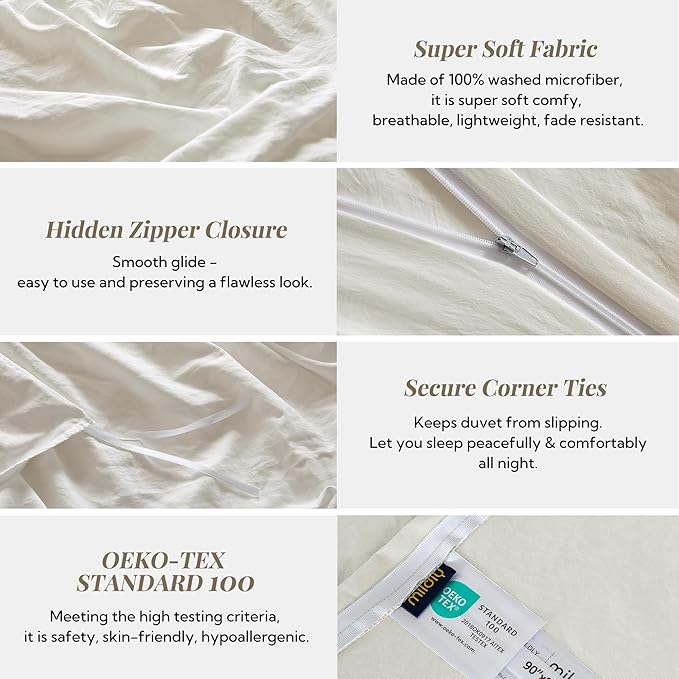 MILDLY Super Soft Duvet Cover - 100% Washed Microfiber Off White Comforter Cover Set 2 Pieces with Zipper Closure & Corner Ties
