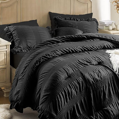 Queen Comforter Set Seersucker 7 Pieces Luxury Ruffle Bed in a Bag Queen Size for All Season Black Bedding Set with Comforter, Pillowcases, Flat Sheet, Fitted Sheet and Pillow Shams