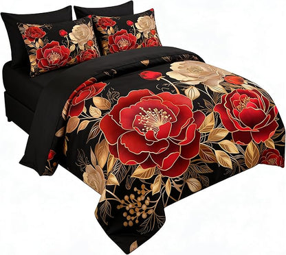 Vintage Floral Twin Size Bed in A Bag for Girls, 7Pcs Modern Black Red Comforter Set, Farmhouse Country Botanical Quilted Bedding with 2 Pillowcases, 68"x86"