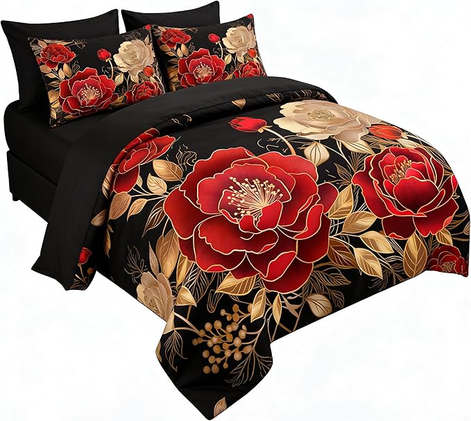 Queen Size Bed in A Bag 7 Piece Comforter Set Vintage Floral Bedding Set for Girls,1 Comforter 90"x90" + 2 Pillowcases + 1 Flat Sheet + 1 Fitted Sheet + 2 Pillowshams, Black Red