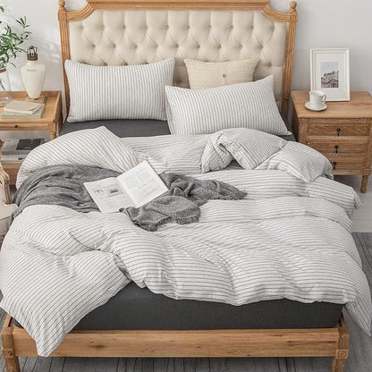 PURE ERA Jersey Knit Duvet Cover Set 100% T-Shirt Heather Cotton Super Soft Comfy Classic Striped Design, with Zipper Closure, Heather White & Black Pinstripe, Full